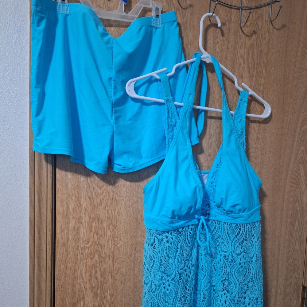 Turquoise Lace Swim Cover-Up and Shorts Set
